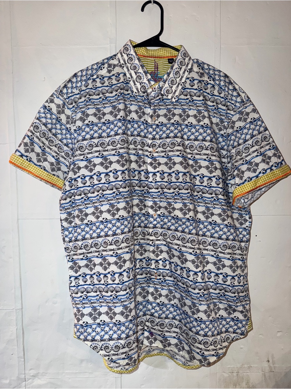 Robert Graham Short-Sleeve Button-Down Shirt in Blue, White & Yellow Trim